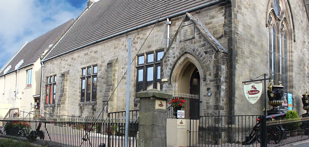 The stone frontage of Viscounts Restaurant, a former church hall on Northland Row, Dungannon