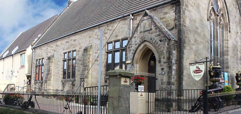 The stone frontage of Viscounts Restaurant, a former church hall on Northland Row, Dungannon